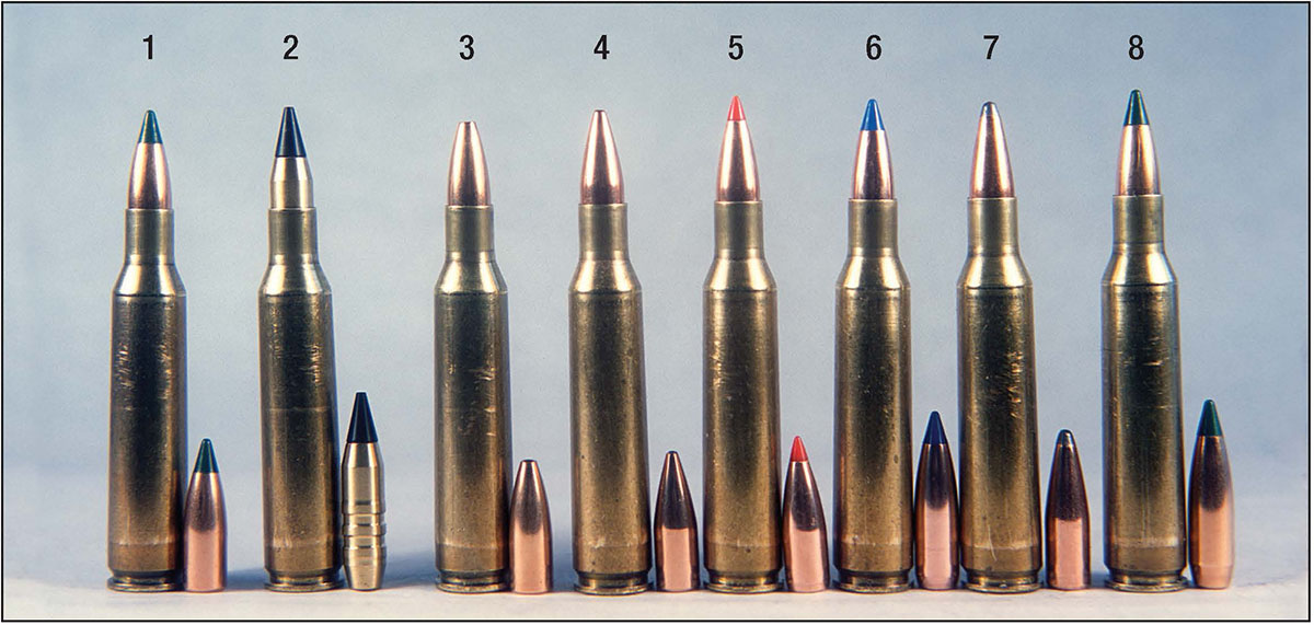 Handloaded bullets used in the 257 Roberts tests included, from left: (1) Sierra 70-grain BlitzKing, (2) Cutting Edge 70-grain ESP Raptor, (3) Sierra 75 HP, (4) Hornady 75 HP, (5) Hornady 75 V-MAX, (6) Nosler 85 Ballistic Tip Varmint, (7) Hornady 87 Spire Point and (8) Sierra 90-grain BlitzKing.
